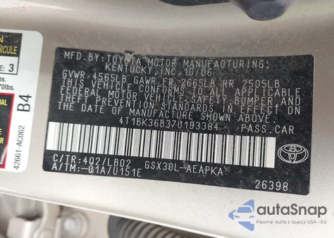 2007 Toyota Avalon Limited from USA, damaged, VIN 4T1BK36B37U193384